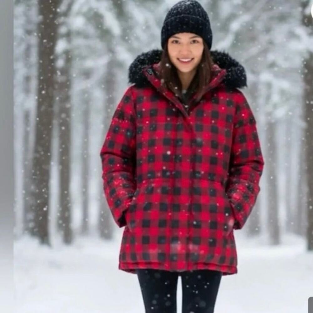 Lauren Ralph Lauren Buffalo Plaid Down Jacket Drawstring Waist Hood Faux Fur L